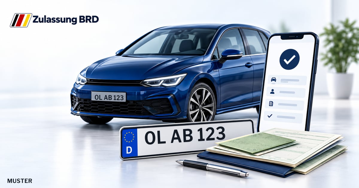 Online Fahrzeugzulassung in Wardenburg: Musterkennzeichen OL AB 123, Auto und Fahrzeugpapiere und Smartphone. Illustration mit Logo von Zulassung BRD.